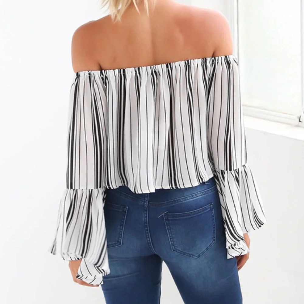Striped Long Flared Sleeve Off Shoulder Cropped Blouse - Picture 2 of 6